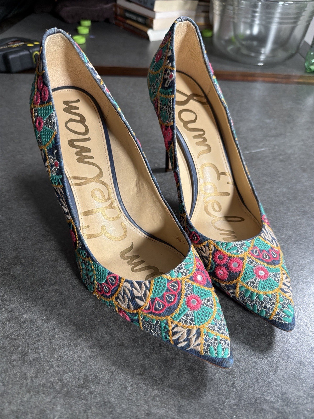 Sam Edelman Multicolor Embroidered Fabric Stiletto Pointed Toe Pumps Women