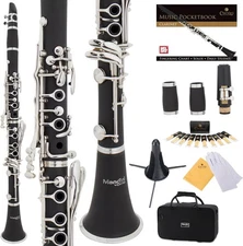 Mendini by Cecilio B Flat Clarinet w/ 2 Barrel, 10 Reed, Stand, Hard Case, Glove
