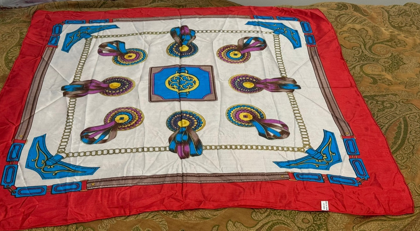 Vintage Silk Scarf Equestrian Rosettes Ribbons Red White Blue Purple 32x32