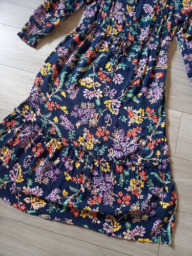 M&S Per Una Navy Blue Floral Frilled Midi Dress Flared Blogger Boho Pockets UK12 - Picture 5 of 22