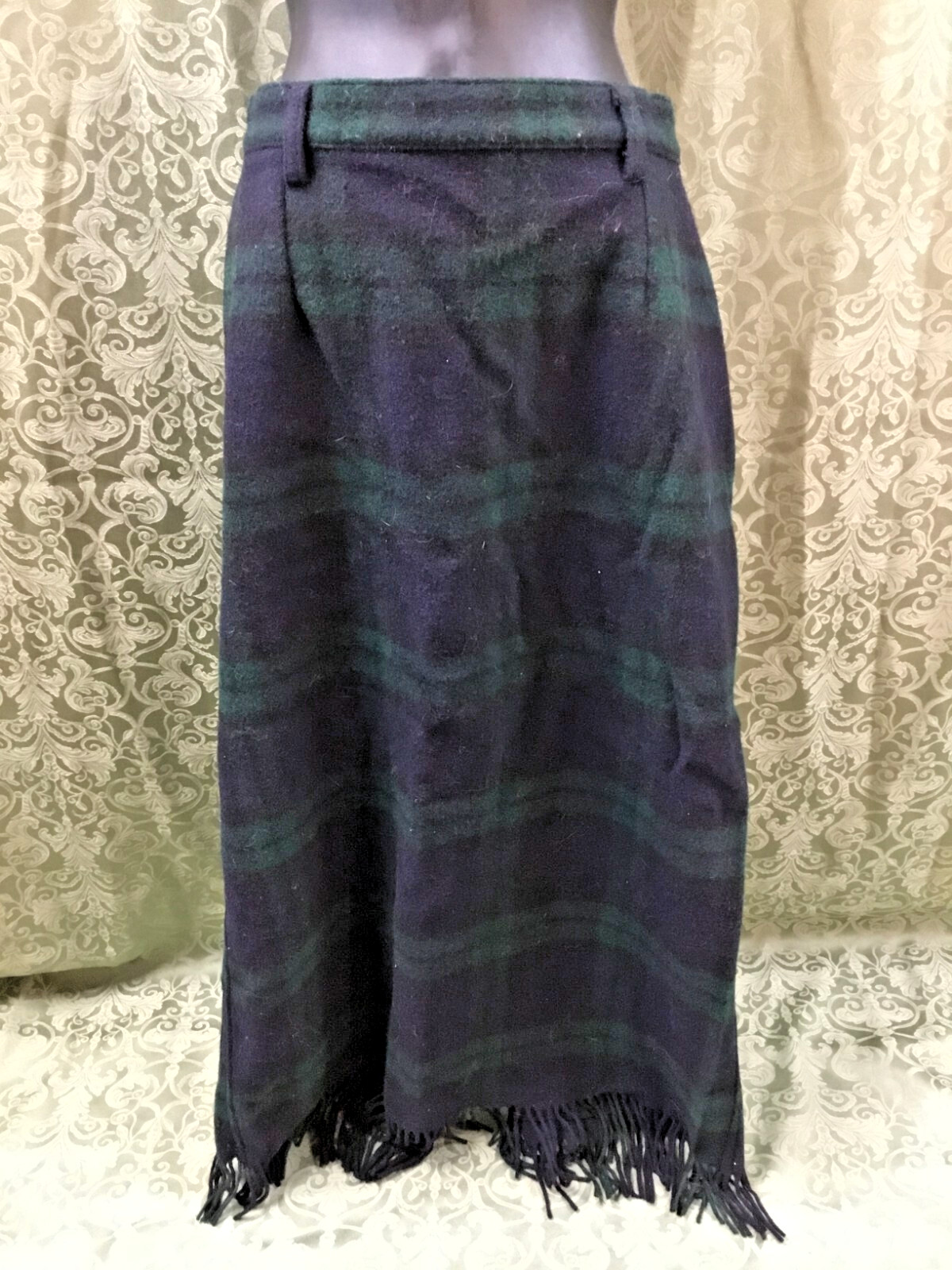 Maxi Skirt Fringe 31X36 pockets Woolrich Vintage blue green Plaid Wool Blanket-image