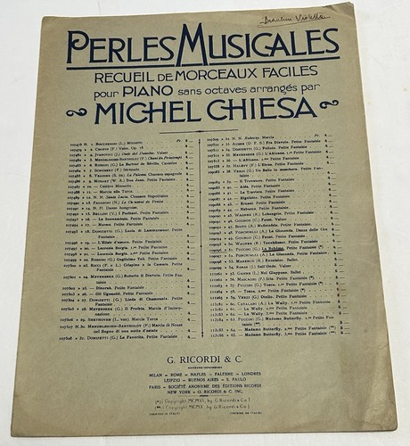 Vintage Ricordi PERLES MUSICALES Michel Chiesa Piano Sheet Music c.1910 Rare