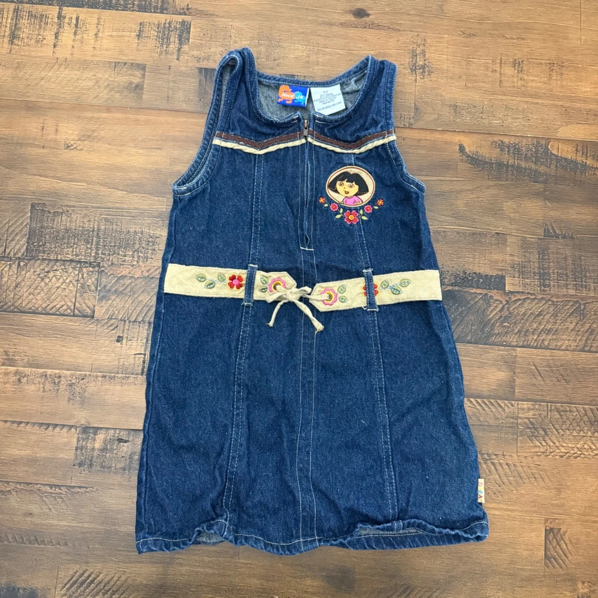 dora denim dress Vintage Dora The Explorer Denim Dress Girls Size 4 Embroidered Belted Nick JR
