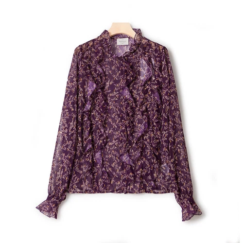 2025 Popular New Sezane Damen Blumen Shirt Bluse Top Chic V-Ausschnitt Shirt lila - Bild 11 von 19