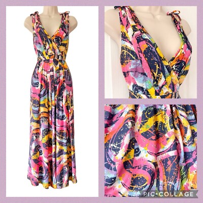 VIYELLA helles Maxikleid Gr. 10 abstrakt maximalistisch 80er Stil Crossover Plissee