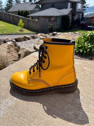 DOC DR MARTENS England 1460 Yellow Leather Boots Size US Women's 10 - Men's 9 - Picture 3 of 14