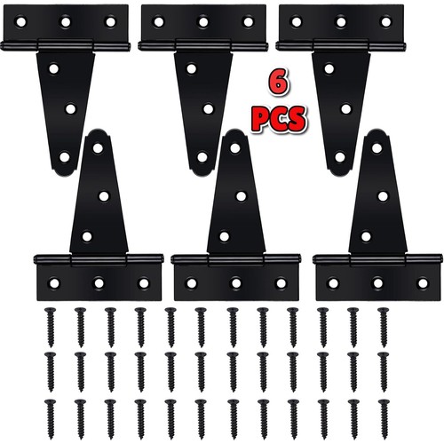 6 Pack 4" Black T-Strap Hinges Heavy Duty Gate Barn Shed Fence Door Hinge - Afbeelding 1 van 7