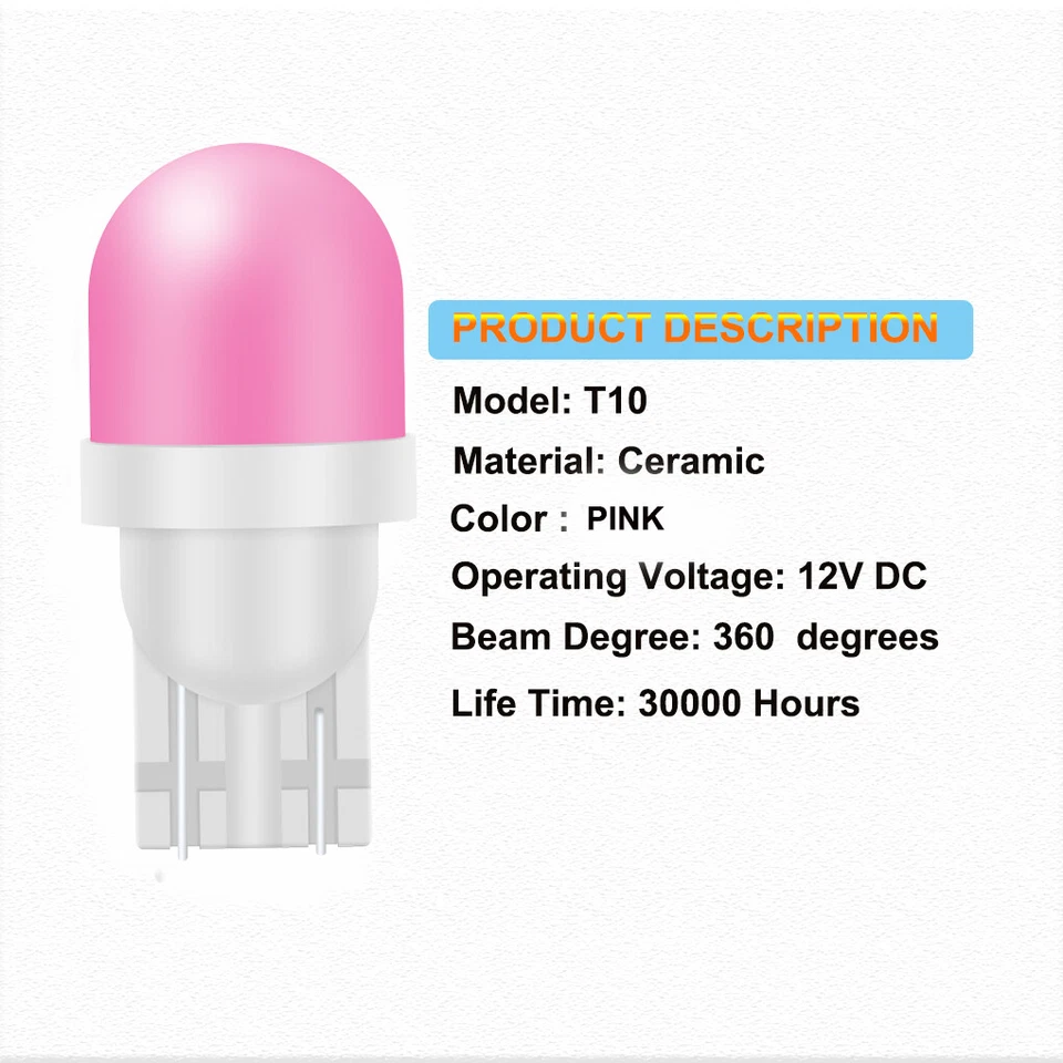 2 Pcs Ceramic T10 W5W 194 168 Car Backup Lamp Bulb Wedge Light Pink Interior - Image 2 of 4