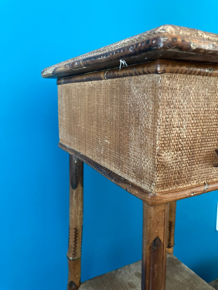 Vintage Bamboo Wicker Rattan Stand End Table Sewing Box eBay