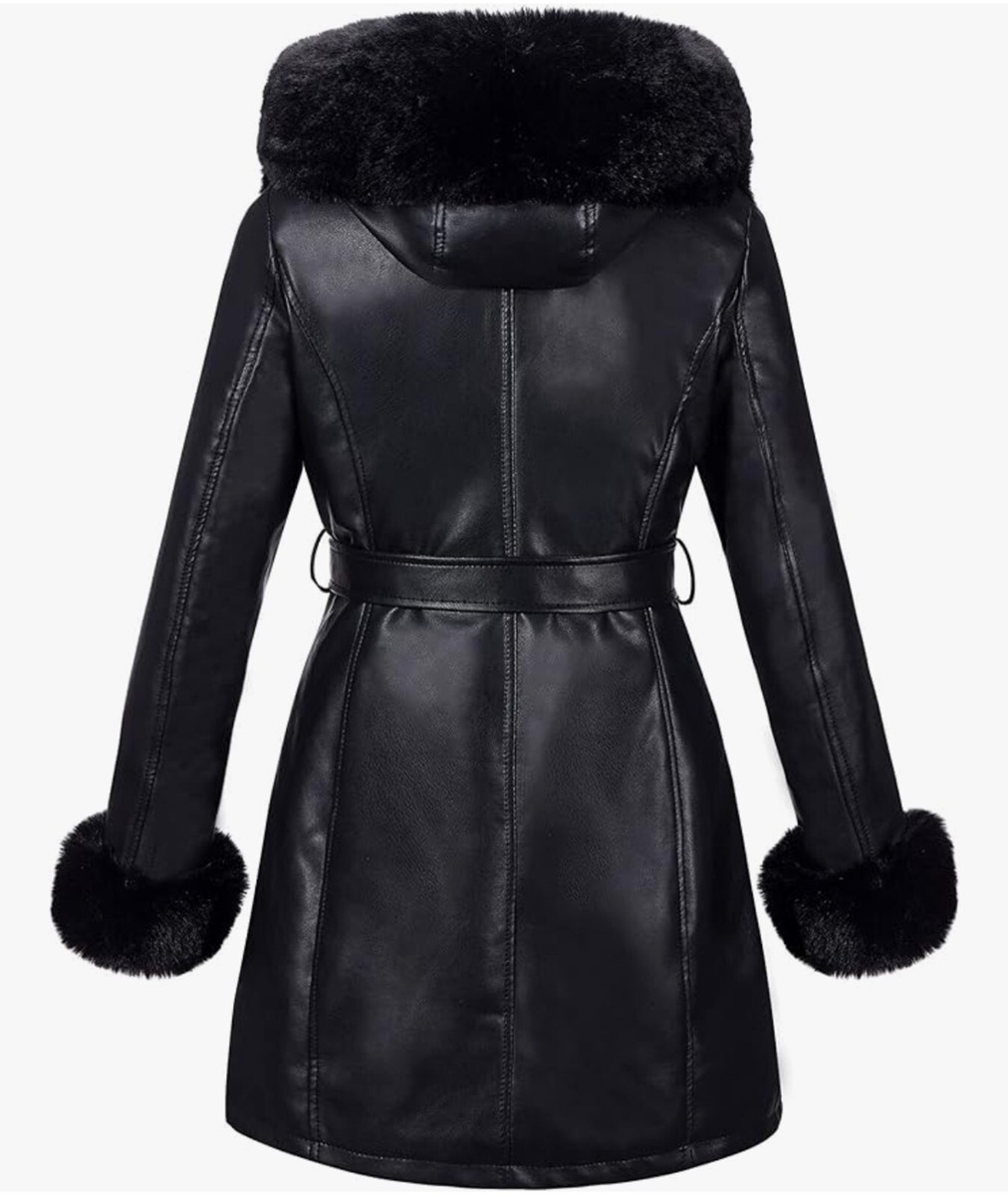 Risissida Faux Leather Jacket Winter Coat w/ Hood & Fur