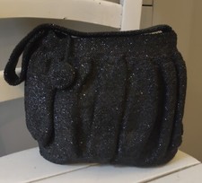 Vintage 1940s Black Seed Bead Scalloped Evening Purse Handbag Made in USA