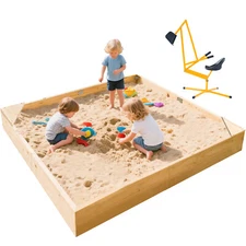NAIZEA Kids Sand Box 2 in1 Excavator Wood Sandbox Pit with Cover & 2Corner Seats