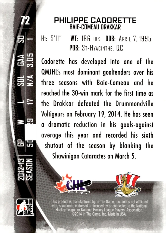 Philippe Cadorette - Signed 2013-14 In The Game Between The Pipes Card #72 - Image 2 of 2