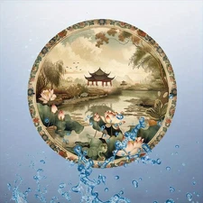 1pc Vintage Chinese Landscape Metal Wall Art - 7.87-Inch Round Aluminum Sign wit