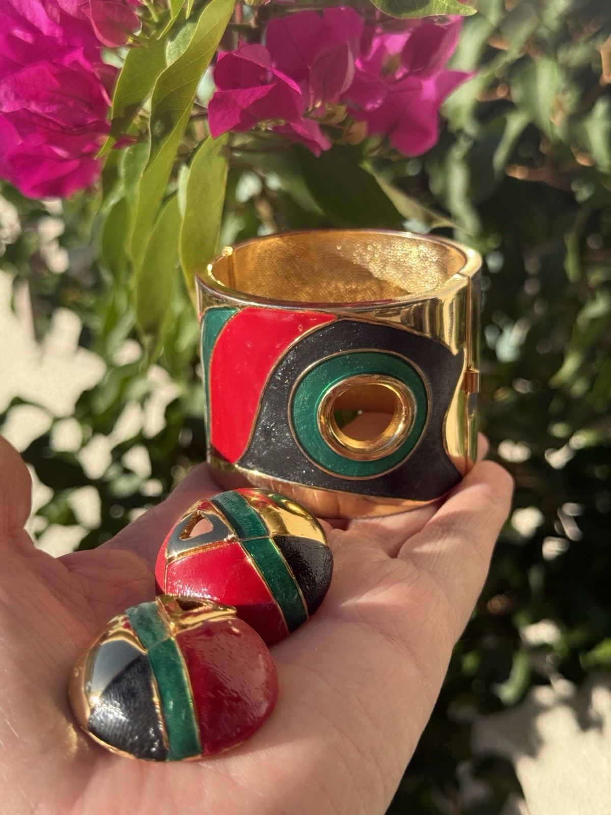 1970's Rare Lanvin Paris Wide Abstract Enamel Runway Bangle Bracelet & Earrings