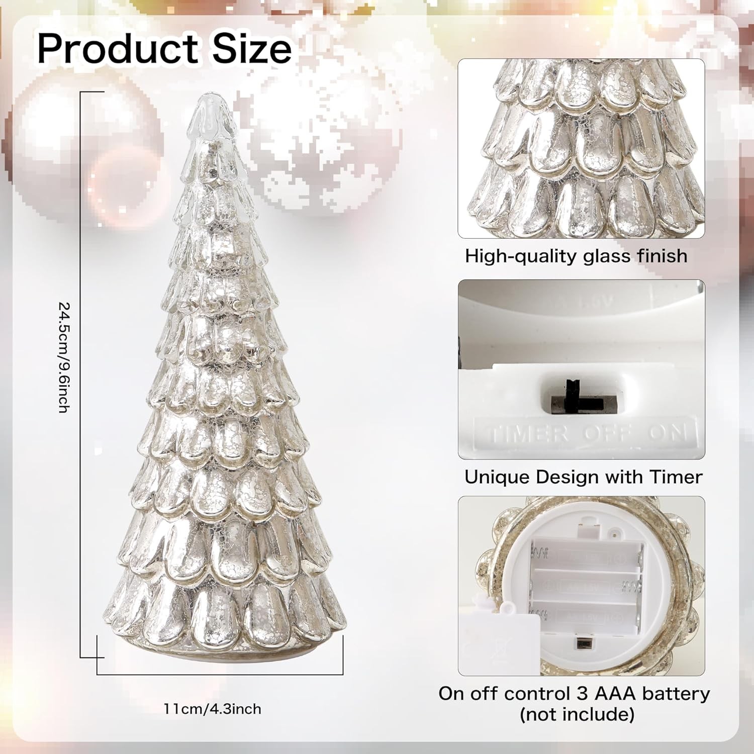 Glass Christmas Tree with LED Light for Home Decoration, Silver Mercury Decorati