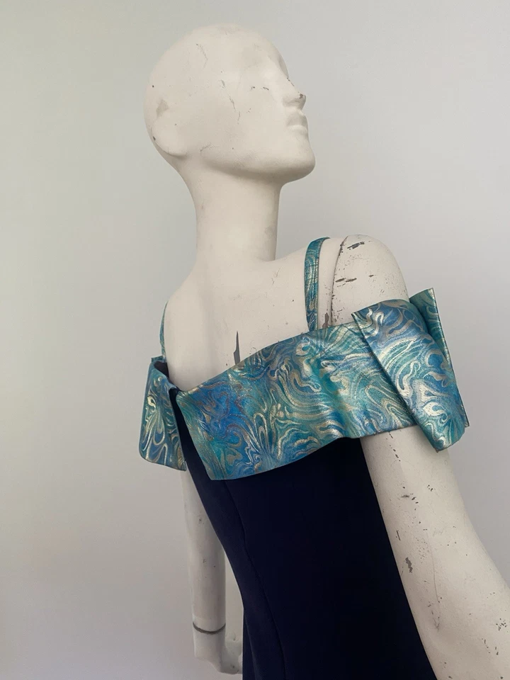 Vestido Vintage Años 80 Jessica Howard Hombro Descubierto Moveble Azul Marino Lazo Foto 4 de 4