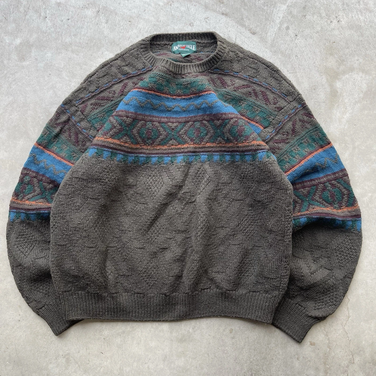 Vintage American Eagle Wool Sweater Made in USA Aztec 3D Knit Textured Size XL
