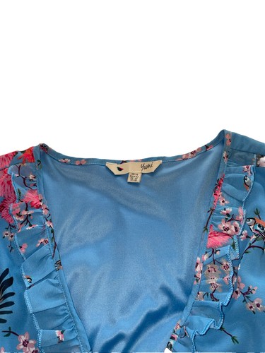 Yumi Blue Floral And Birds Dress Wrap Over Style Size 14 - Picture 7 of 7