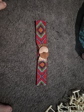 Vintage 70s Seed Bead Belt Carved Wood Interlocking Clasp Stretch BOHO red