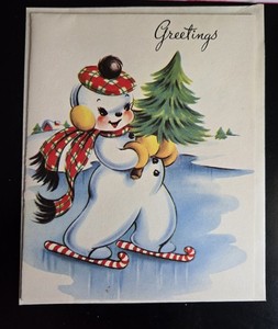 Vintage Mid Century Unused Christmas Card Snowman Ice Skating A-Meri-Card