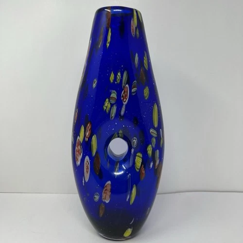Murano Cobalt Blue Millefiori Glass Vase Italian Hand Blown Vintage Art Decor