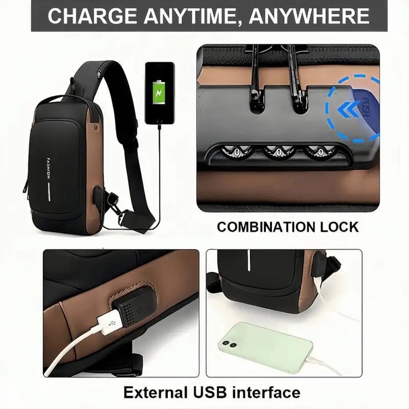 Sac bandoulière noir avec port USB et cadenas
