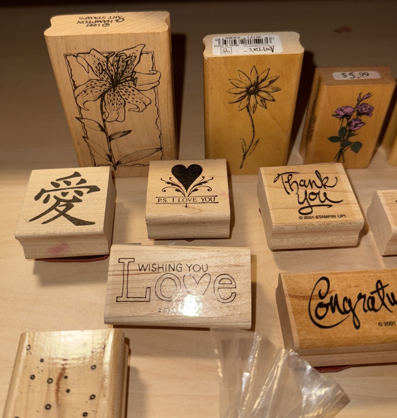 Mixed Job Lot Of 31 Wood Mounted Rubber Stamps Many Different Brands Some Used