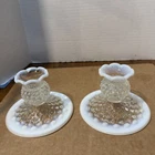Vintage Fenton Hobnail Opalescent Moonstone Squatty Candle Holders