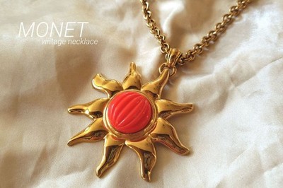 MONET Halskette Sonnenmotiv Gold Orange Vintage Schmuck Gebraucht