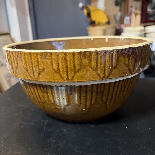 Antique Stoneware Brown Glaze Mixing Bowl Picket Fence Design 10” USA McCoy