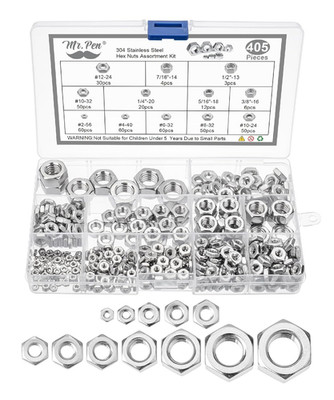 405 Pc Stainless Steel Hex Nut Assortment, 1/4-20, 3/8, 5/16, 10-32, 5/16-18, 6-