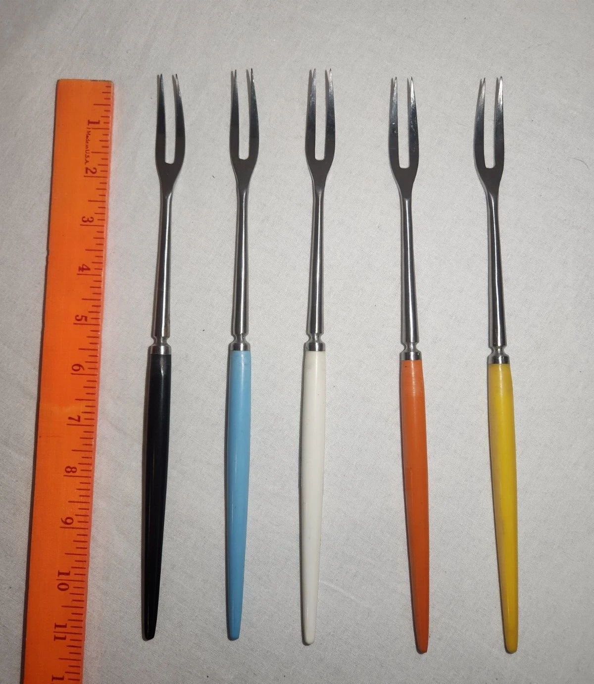 11" Fondue Fork Set Of 5 With Long Colored Teardrop Handles 70s Vintage
