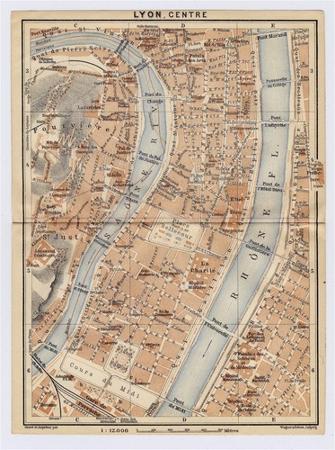 1914 ORIGINAL ANTIQUE CITY MAP OF LYON / RHONE-ALPES / FRANCE