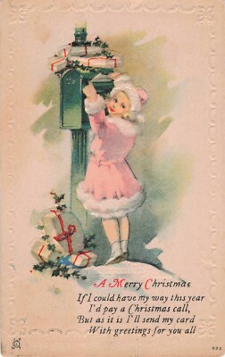 Cute Girl in Pink Coat Putting Christmas Letter Mail Box c1907 Postcard D337