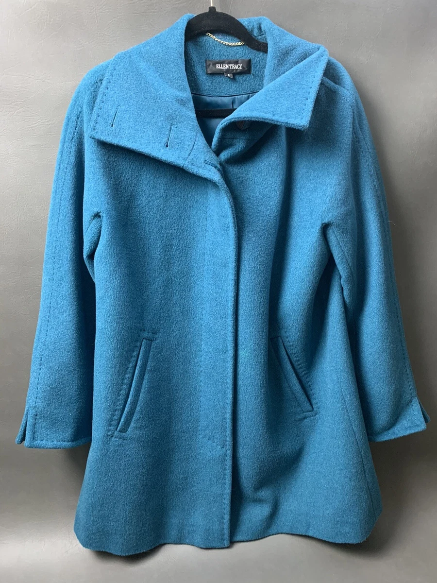 Ellen Tracy Peacock Blue Wool Angora Blend Overcoat Women s Small