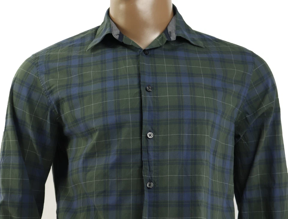 Camisa de algodón con botones de manga larga a cuadros azul/verde Elie Tahari para hombre L Foto 2 de 3