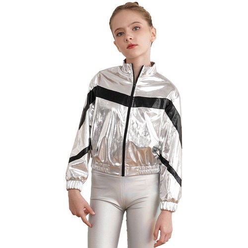 Kids Girls Shiny Metallic Bomber Jacket Stage Performance Dancing Outwear Coat - Picture 10 of 63
