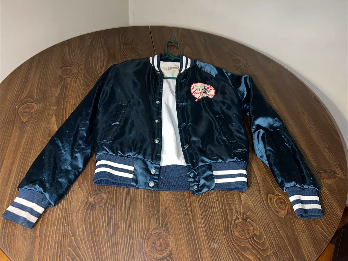 Vtg Chalk Line MLB New York Yankees Navy Satin Bomber Jacket Women’s Size  14/15