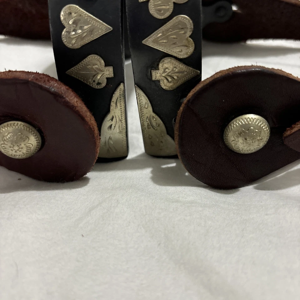 Charming Black Metal Steel Spur Set Brown Leather Gold Card Suit Embellishment - Image 3 of 4