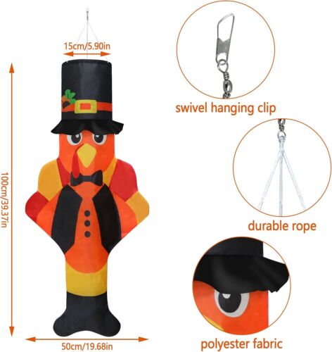 2Pc Thanksgiving Turkey Windsocks, Thanksgiving Outdoor Hanging Yard Decorations - Picture 3 of 9