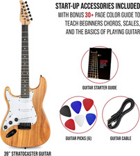39” Left Hand Electric Guitar Kit, Solid Wood, Amp, Picks, Learner's Guide - Nat