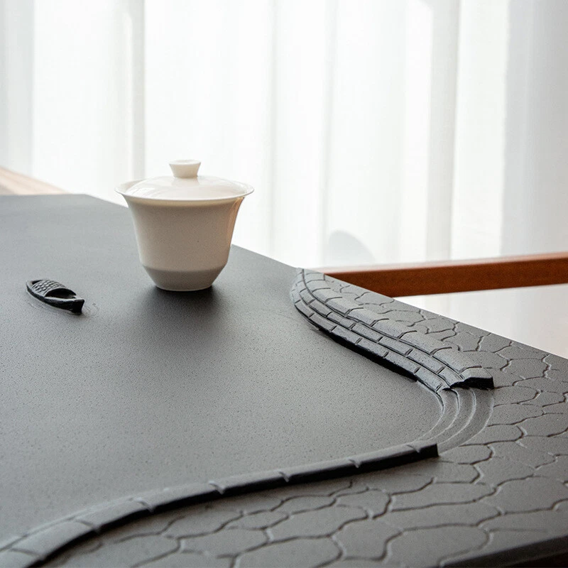 Bandeja de té tallada a mano con forma de barco de piedra negra estilo zen bandeja ponderada para juego de té Foto 2 de 4
