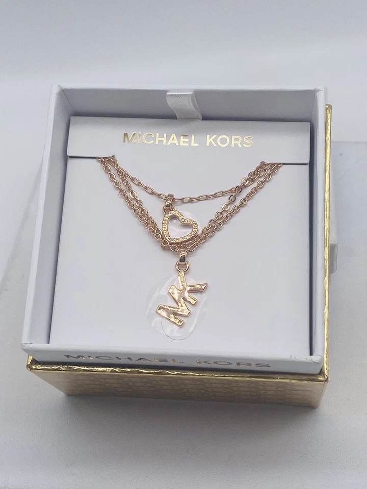 Collar Michael Kors Oro Rosa Multi Capa Pavimentado Corazón Abierto Logo ¡AUTÉNTICO!
