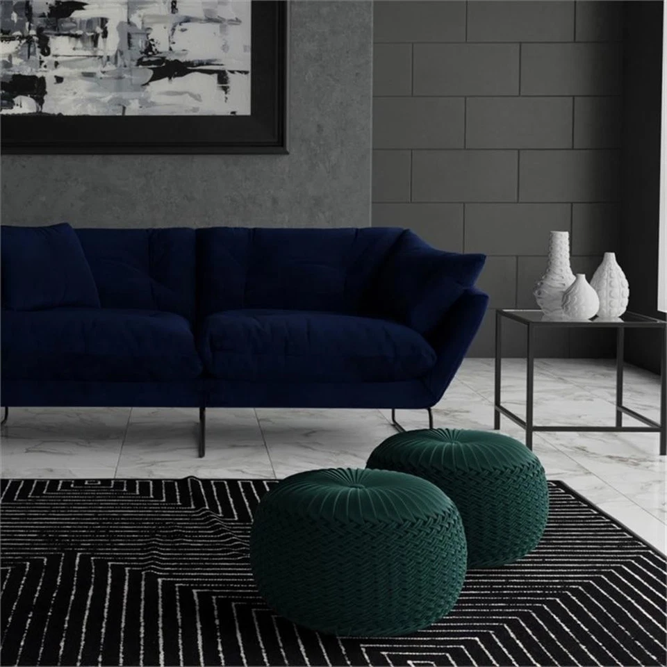 Pemberly Row Round Pouf in Teal Green Velvet Fabric with Woven Details - Image 4 of 4