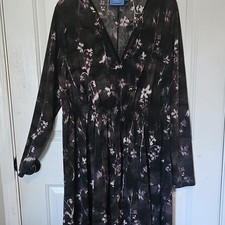Simply Vera Vera Wang Black Floral Pleated Midi Dress V-Neck Long Sleeve XL
