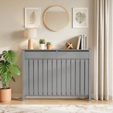 Image of Large Radiator Cover with Drawers and Vertical Slats, Heating Cover Grey