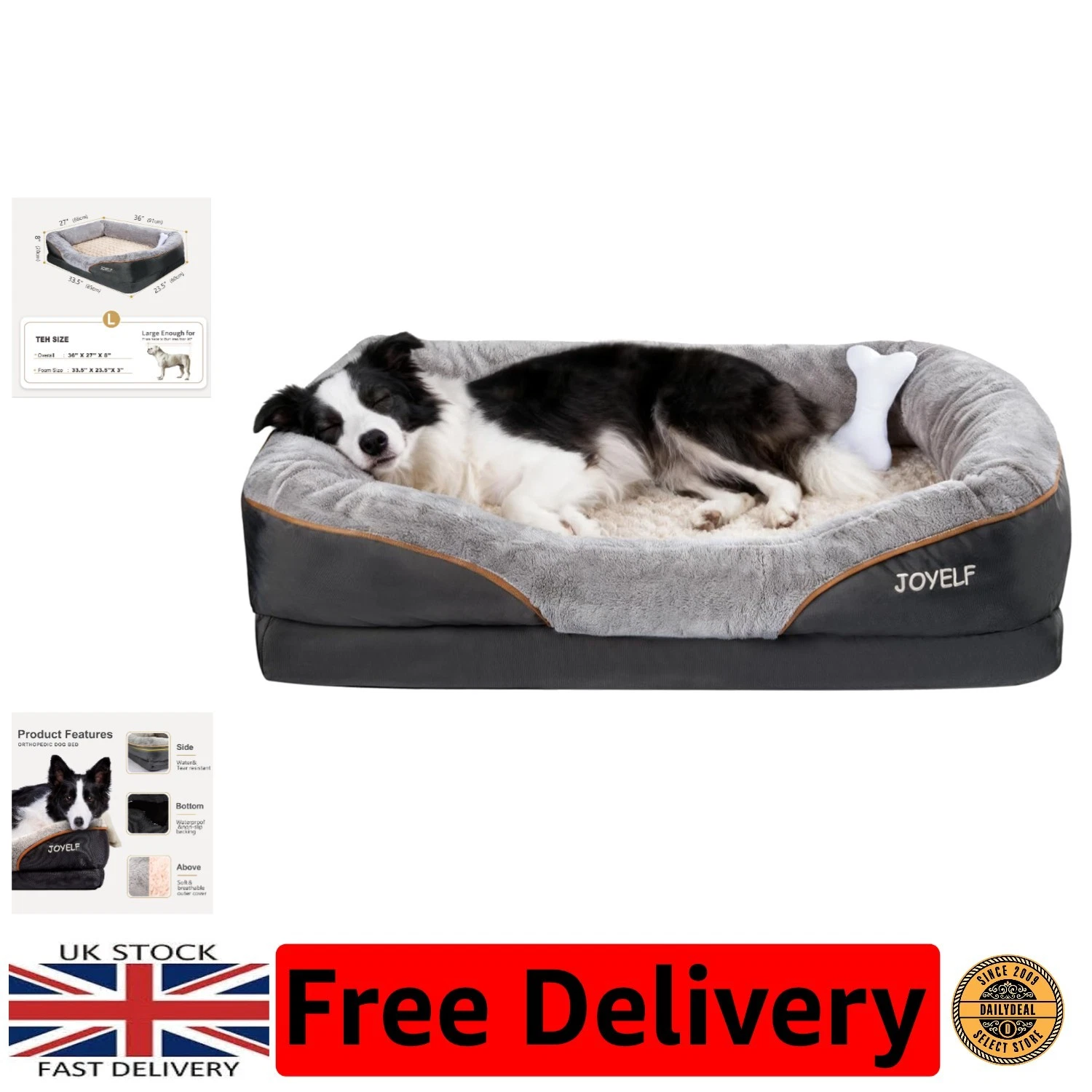Large Orthopedic Memory Foam Dog Bed 91x68cm - Washable Cover & Squeaker Toy