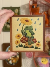 Vintage Inspired Retro Crewel Style Frog on Mushroom Wooden Magnet 70s