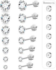 7 Pairs 20G Hypoallergenic Flat Back Earrings for Silver-7Pair 20G,2-8mm CZ